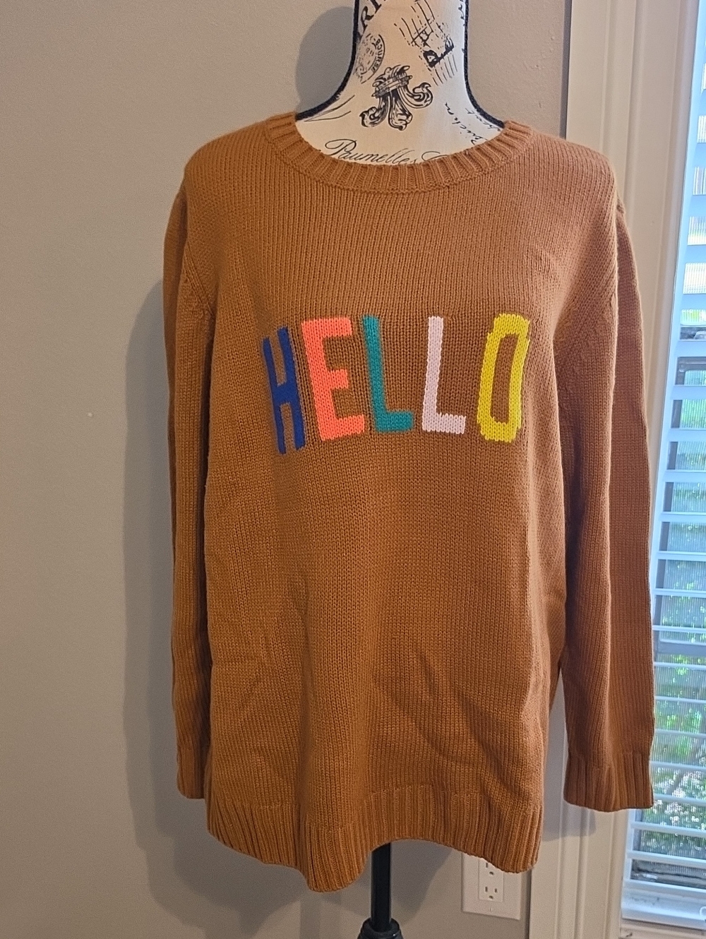 Women'z St. John's Bay Camel 'HELLO' Crewneck Sweater Size 1X